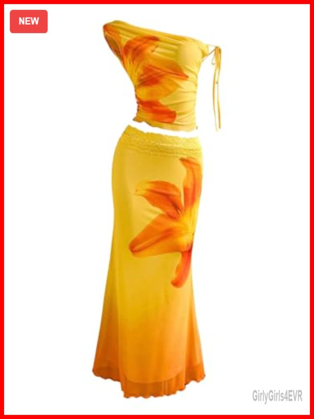 Women's 2 Piece Floral Mesh Crop Top Maxi Skirt Set Ruched Lettuce Trim
